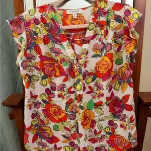 Chaus Floral Cap-Sleeve V-Neck Top in Cream with Pink, Red and Yellow Flowers